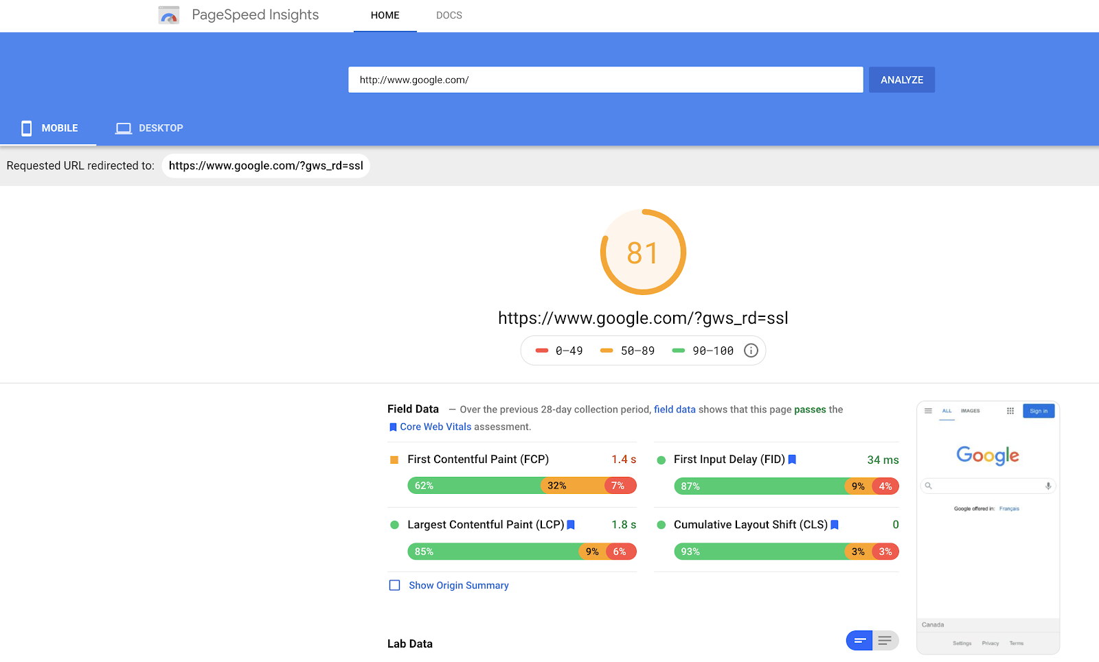 PageSpeed Insights results of google.com/