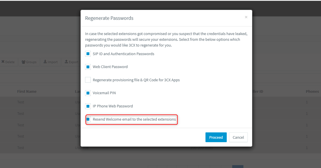 Wählen Sie die Option zum erneuten Senden der Willkommens-E-Mail an betroffene Benutzer, wenn Passwörter neu generiert werden