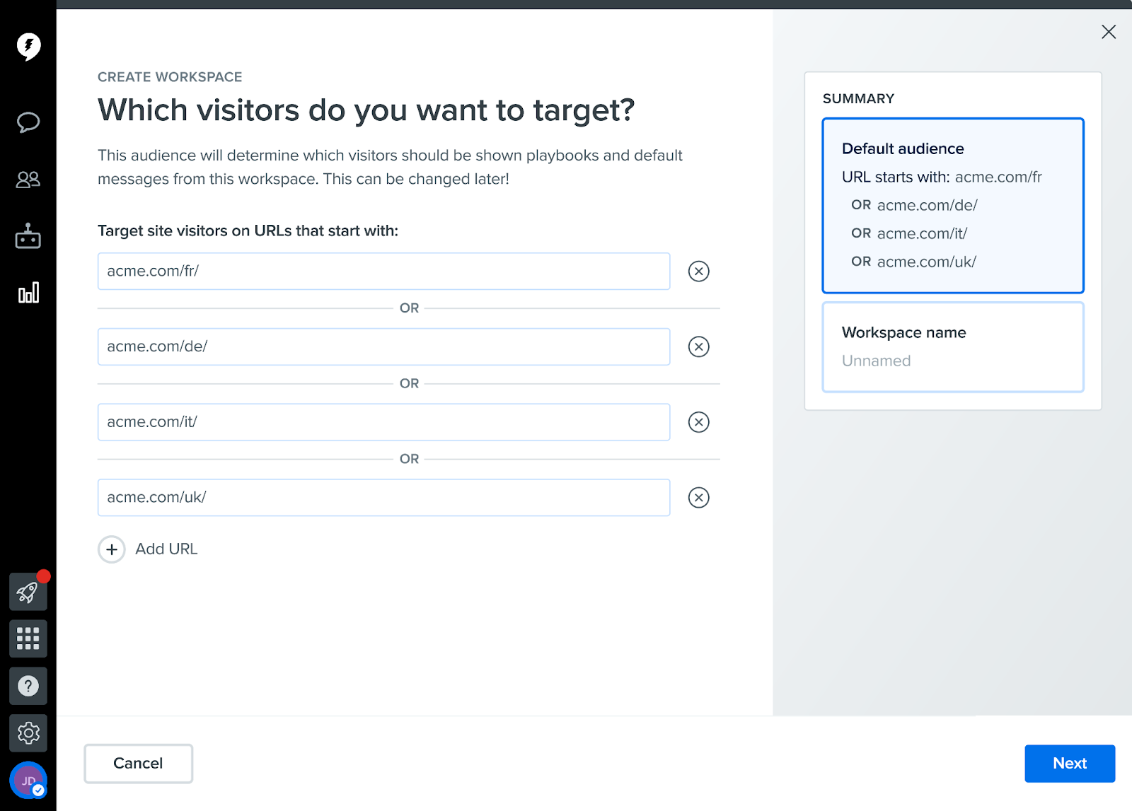 Screenshot of the Drift workflows target audience creator page