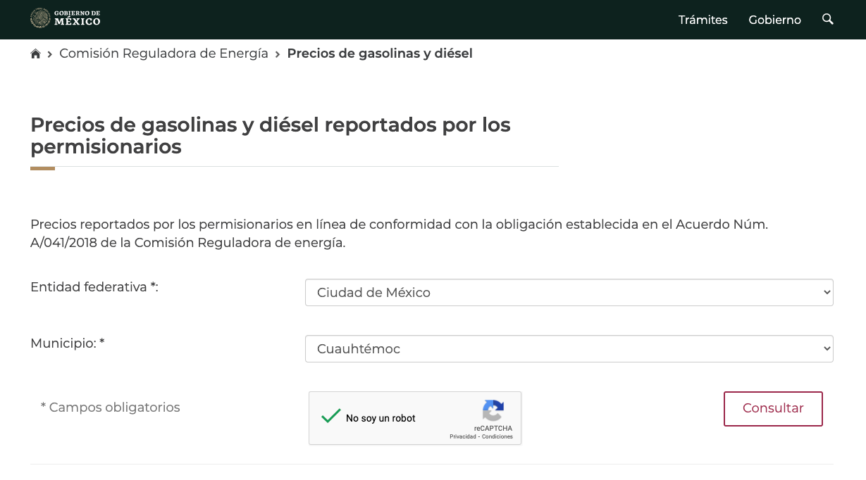 Portal Precios de Expendio de Gasolinas y Diesel de la Comisión Reguladora de Energía
