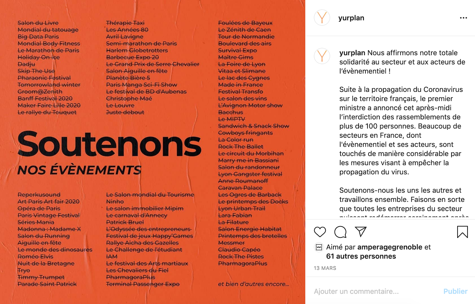 Post Instagram de solidarité de Yurplan pour le coronavirus 