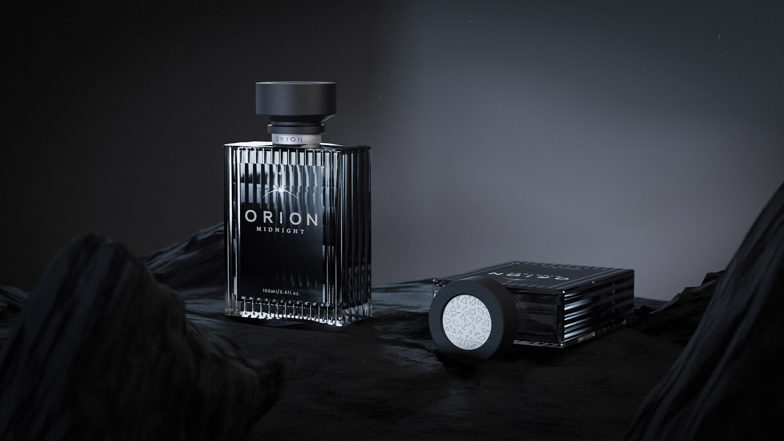 Branding and packaging design artifacts for Orion Midnight product designed by Studio Alpeto