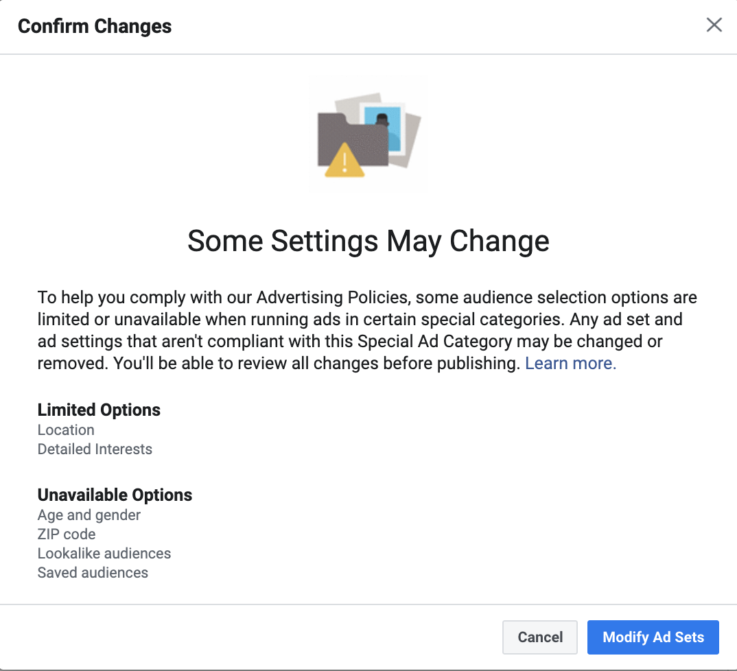 The 'Confirm Changes' screen in Facebook Ads.
