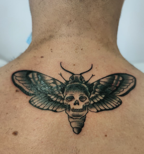 Skull With Moth Back Neck Tattoos Women