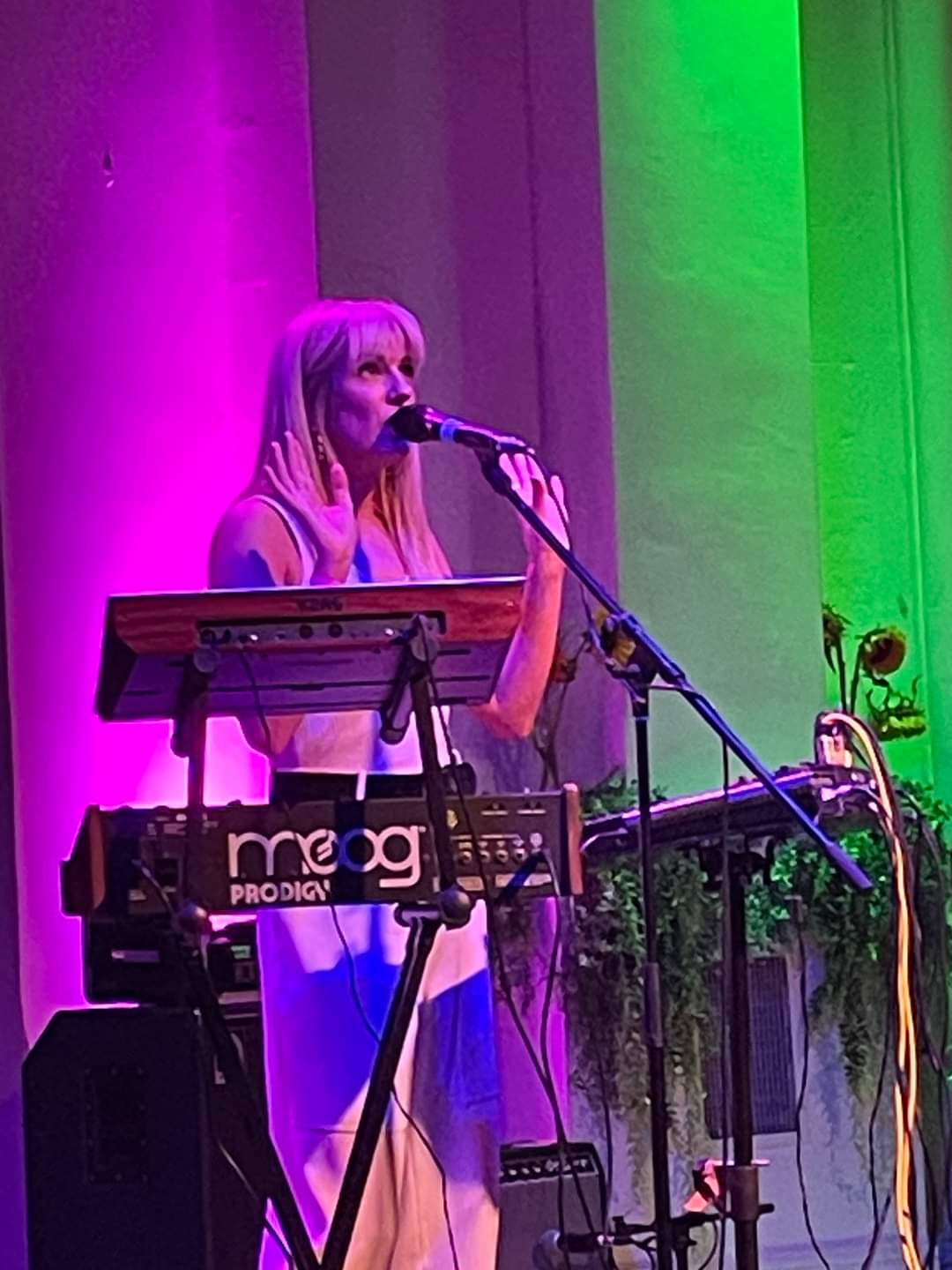 Ani Glass performing onstage, with synthesizers.