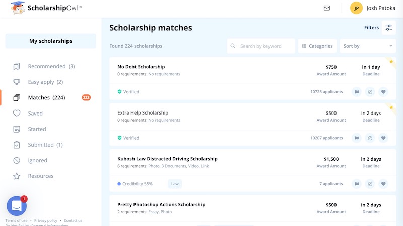 ScholarshipOwl personal scholarship matches