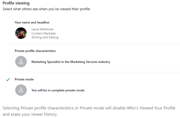 "Profile viewing" section on LinkedIn