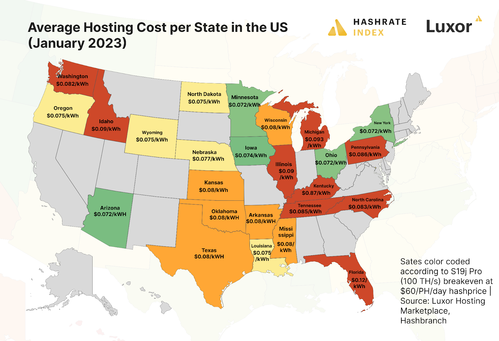 Average Bitcoin mining hosting rates in the US per state according to data from Luxor's hosting marketplace and Hashbranch