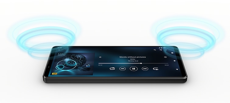 Xperia 1 IV displaying music playing interface with illustrated blue sound waves emanating from its Full-stage stereo speakers