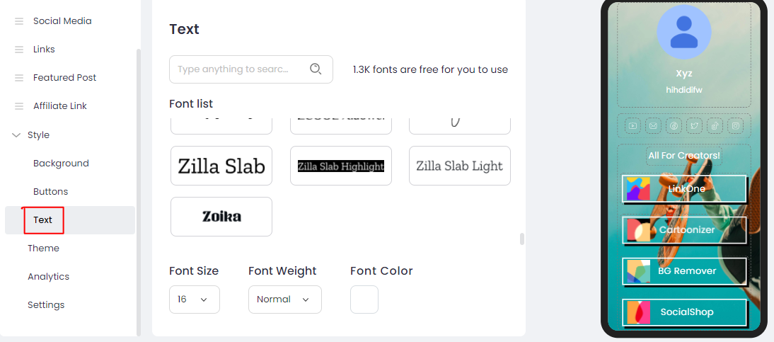 Select from thousands of font style options SocialBook LinkOne tool provides.