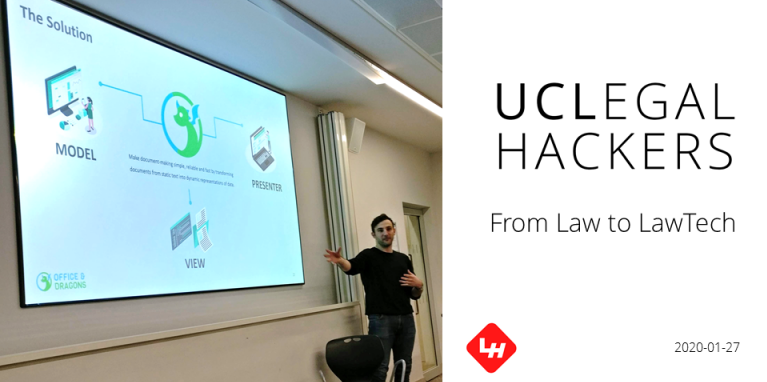 Sam Smolkin presenting to UCL legal hackers about his pivot from law to lawtech