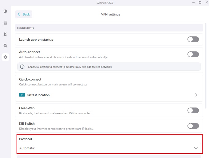 Surfshark VPN Protocol settings section