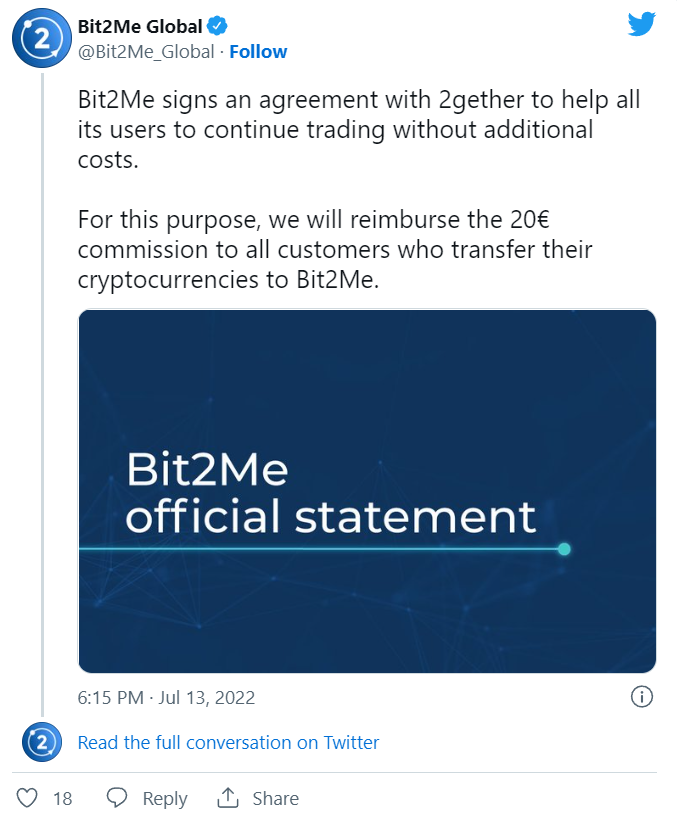 Криптовалютная биржа Bit2Me зовет к себе 100 000 заблокированных пользователей биржи 2gether