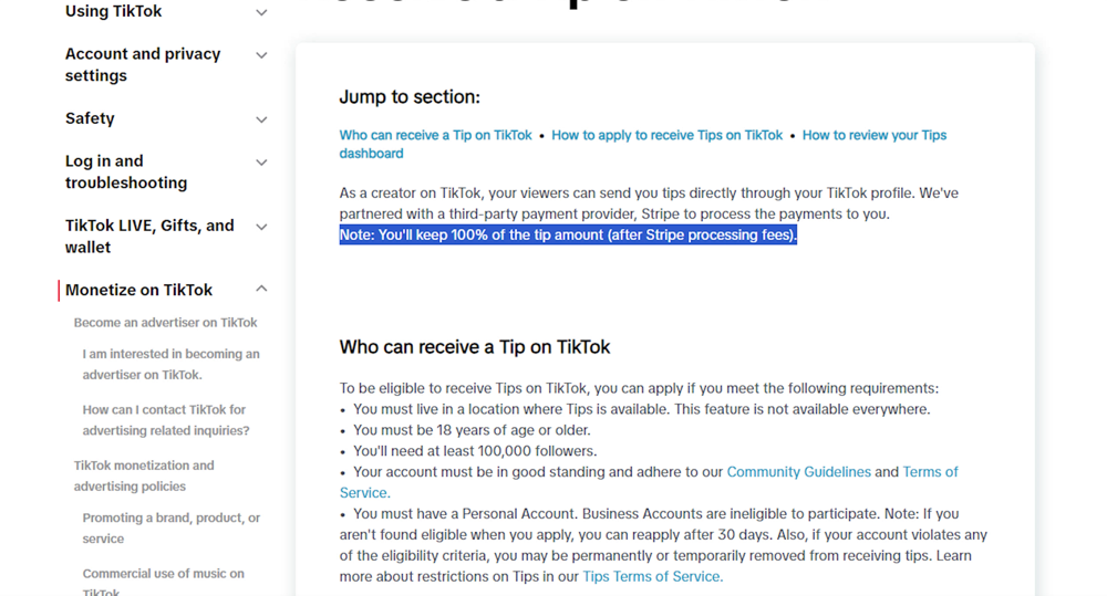 TikTok Tip eligibility requirement info page