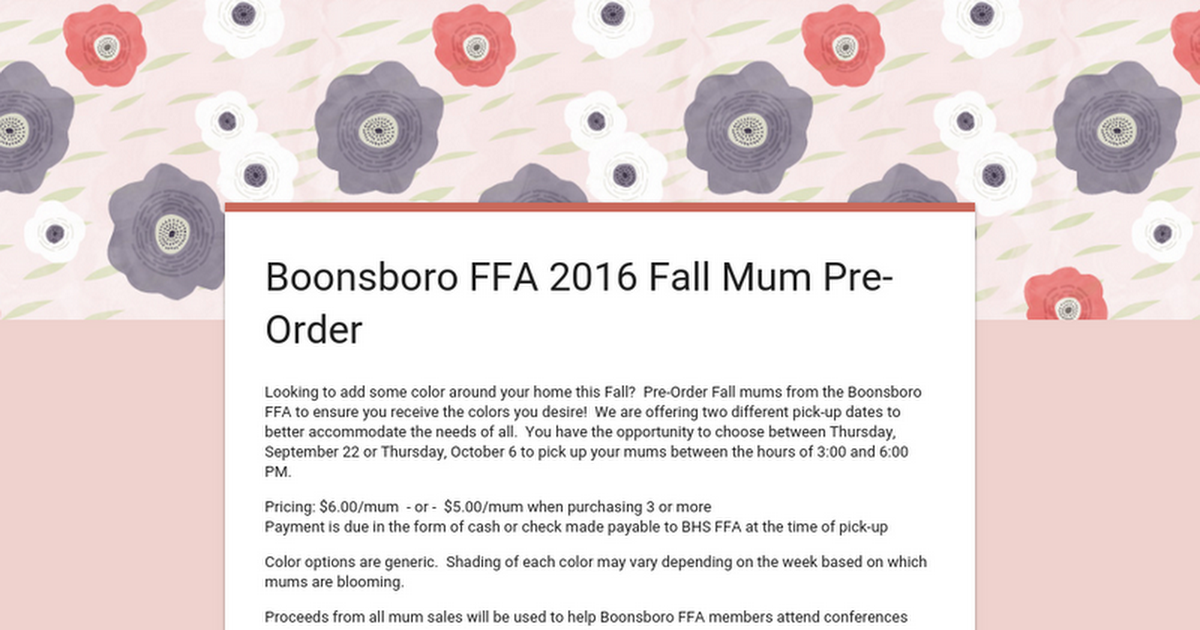 Boonsboro FFA 2016 Fall Mum Pre-Order