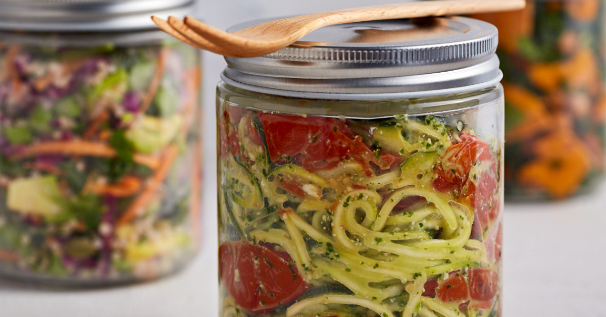 Zucchini zoodles with Kale pesto and roasted cherry tomatoes is a healthy pasta Harris Farm Markets Lunchbox Recipes