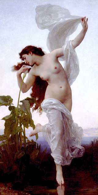 L'Aurora is a painting crafted by the renowned French artist William-Adolphe Bouguereau in 1881. This work of art depicts Aurora in a serene setting, gracefully walking on water and smelling a Lilly while a white robe gently cascades around the lower half of her unclothed body. 