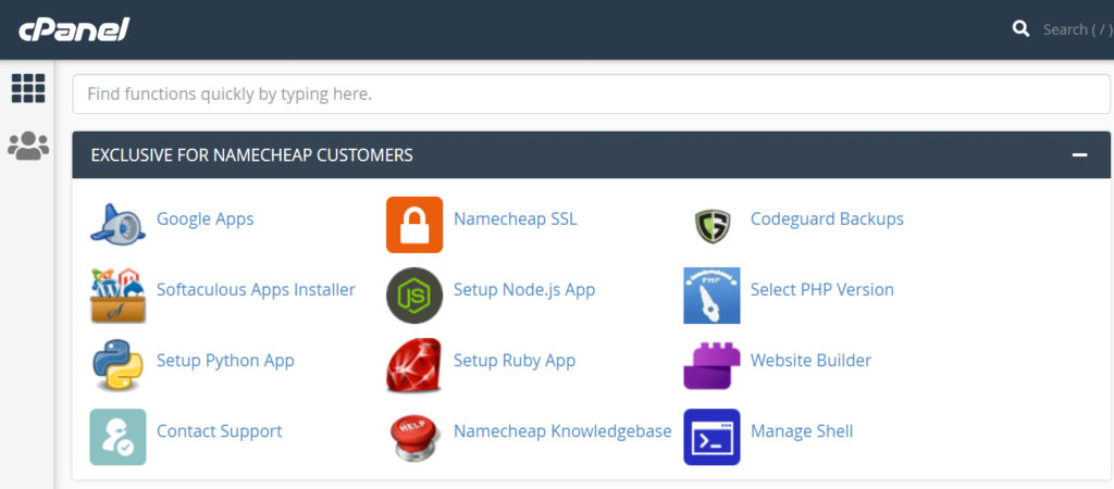 screenshot of Namecheap services and tools