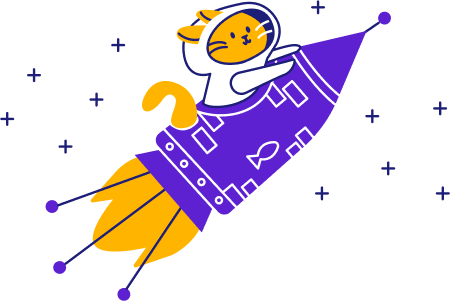 "Un gato con un casco espacial está sentado dentro de un cohete, listo para despegar, simbolizando la idea de lanzarse hacia un nuevo trabajo en la venta al por menor y celebrar el logro.