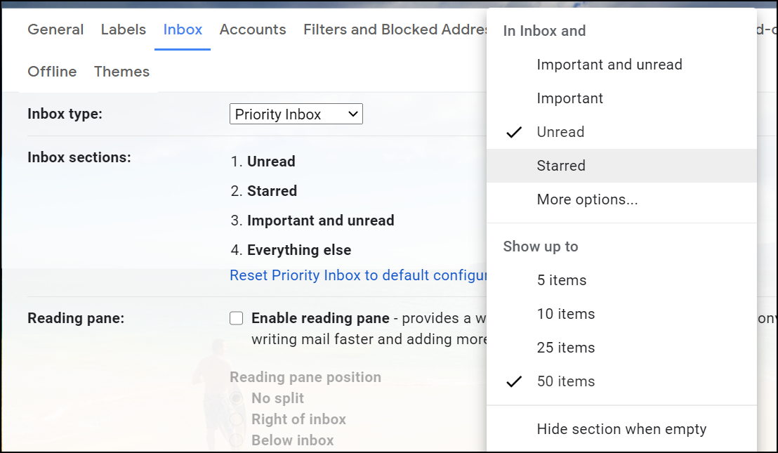 Screenshot of Priority Inbox settings menu