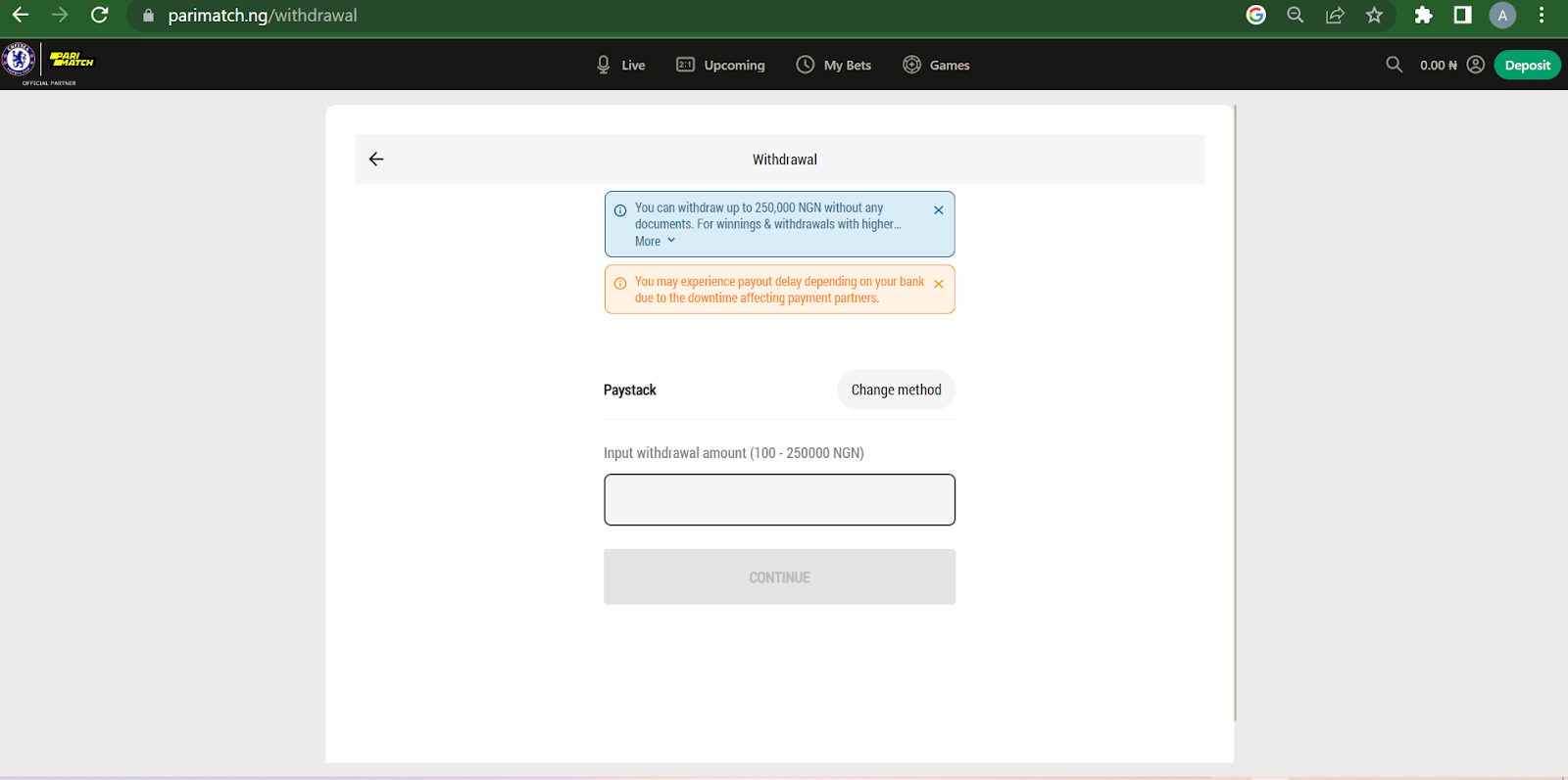 Parimatch Withdrawal page