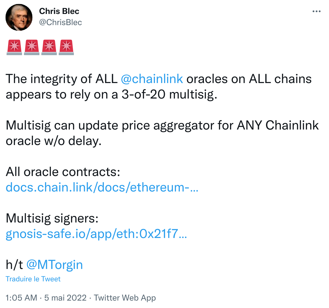 Chris Blec informe par un tweet que l'intégrité des oracles Chainlink repose seulement sur 3 des 20 clés d'administration multisig