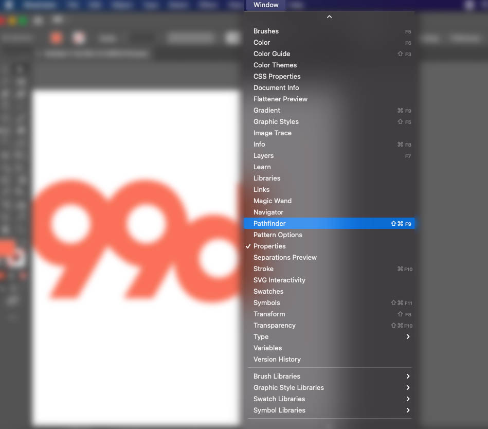 Screenshot der Benutzeroberfläche von Adobe Illustrator, der zeigt, wie das Pathfinder-Fenster geöffnet wird