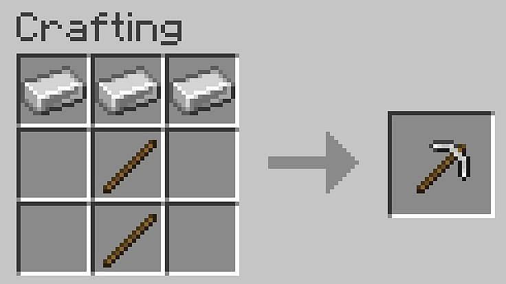 To make an iron pickaxe, use the crafting recipe below