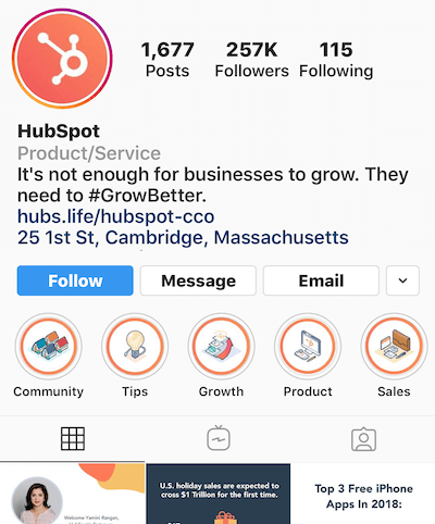 Hubspot sử dụng instagram story highlight