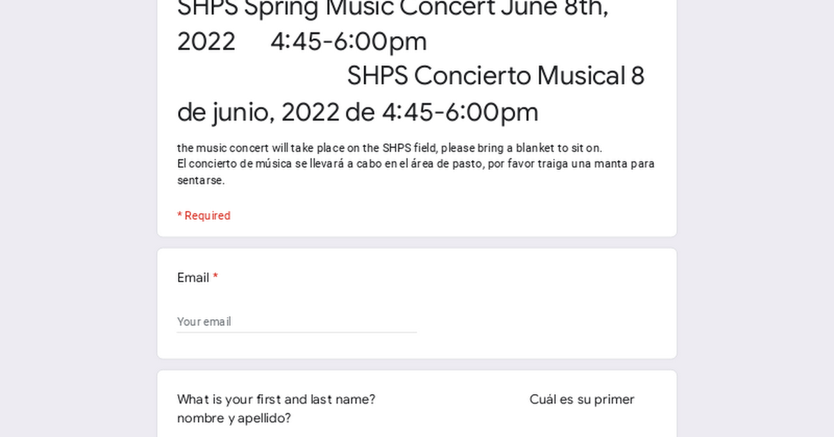 SHPS Spring Music Concert June 8th, 2022 4:45-6:00pm SHPS Concierto Musical 8 de junio, 2022 de 4:45-6:00pm