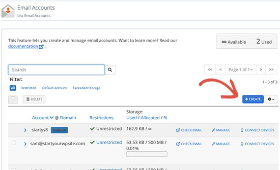Criando uma nova conta de e-mail no Bluehost