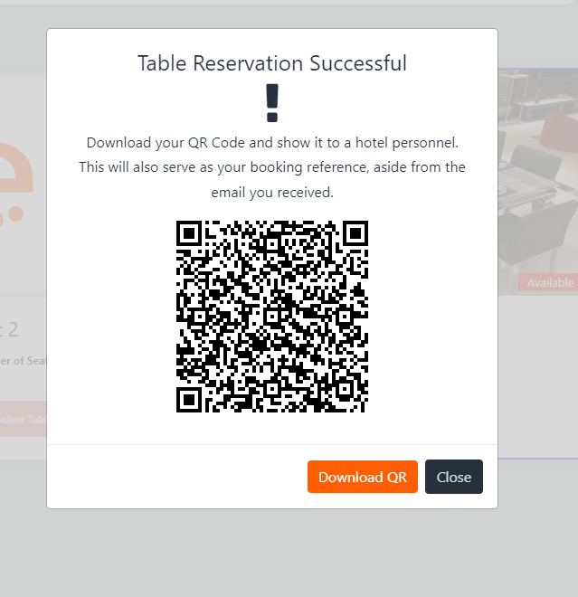 Restaurant Premium QR Code Generated for a Successful Table Reservation, for booking reference