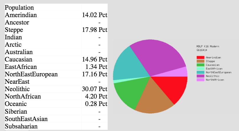Ancestry composition generated by GEDmatch. From GEDmatch Genesis review.