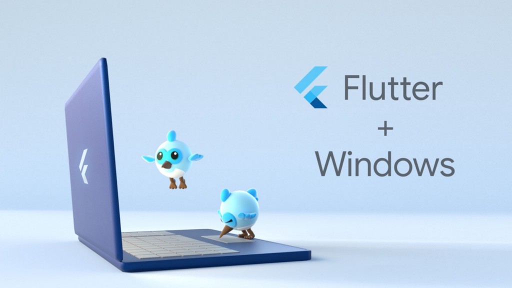 Flutter와 Dart의 마스코트인 Dash를 표현한 하늘색 새 두 마리가 노트북 위에서 마우스 커서를 조작하는 이미지. 이미지 내에 'Flutter + Windows'라는 텍스트가 표시되어 있습니다.