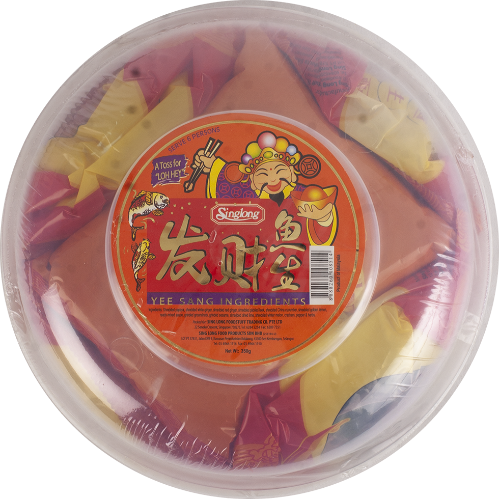 Sing Long Loh Hey Yee Sang snacks in yellow and red packaging
