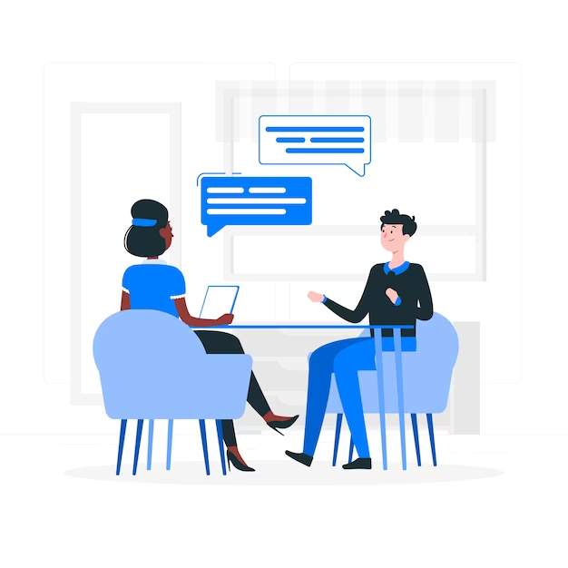 A vector illustration representing an interview concept. Two people, an interviewer and an interviewee, sit across from each other at a table. The interviewee appears confident and well-prepared, while the interviewer asks questions and takes notes.
