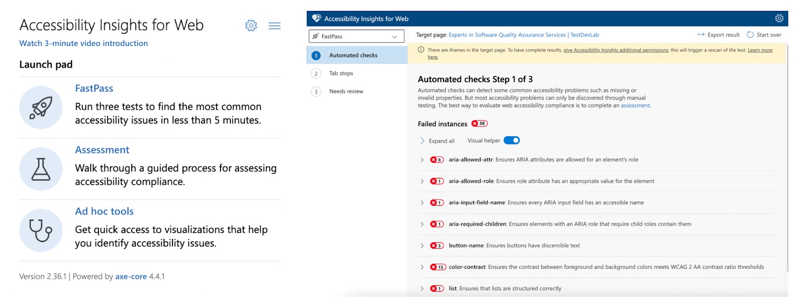 Screenshots from Accessibility Insights for Web