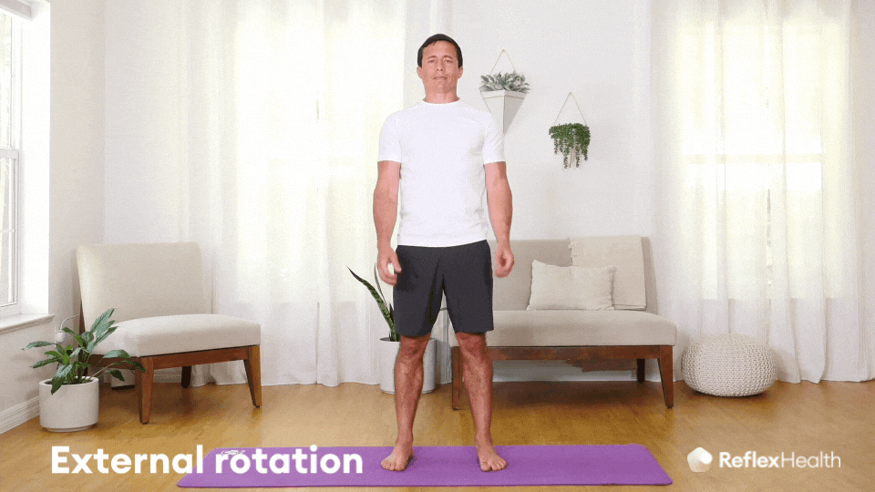 External Rotation movement demonstrated by moving arms outward with elbows close to the body