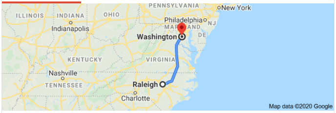 Raleigh, NC to Washington, DC map
