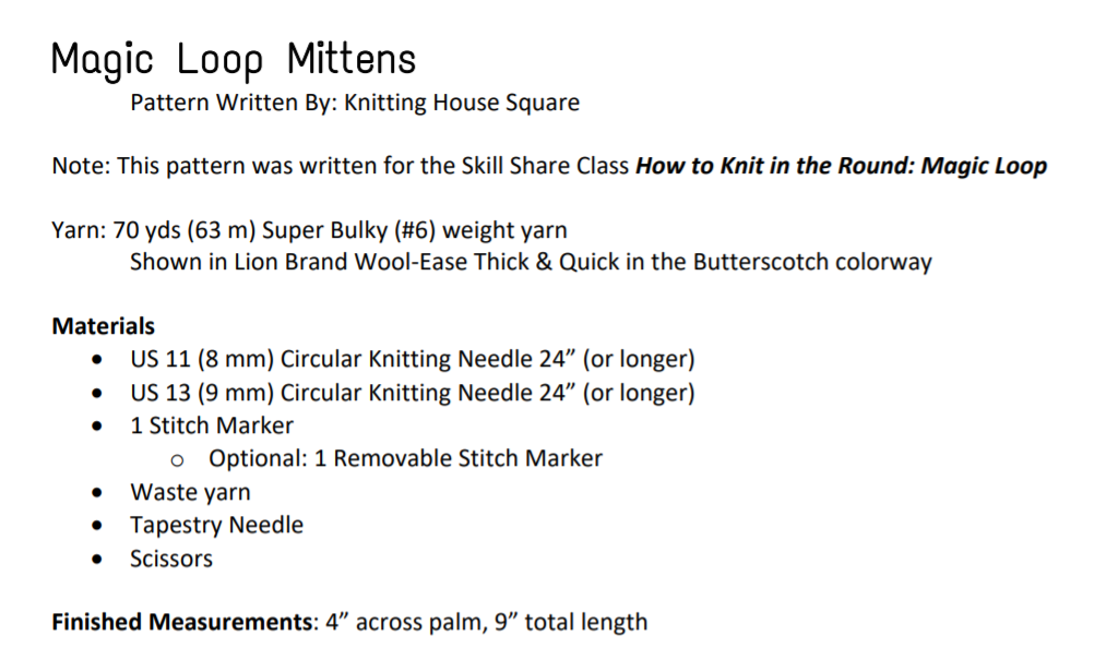 magic loop mittens supplies list