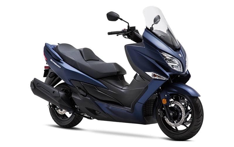 Blue Suzuki Burgman 400 scooter parked on urban street - powerful and comfortable transportation option for daily commutes and weekend getaways, with advanced features and elegant design
