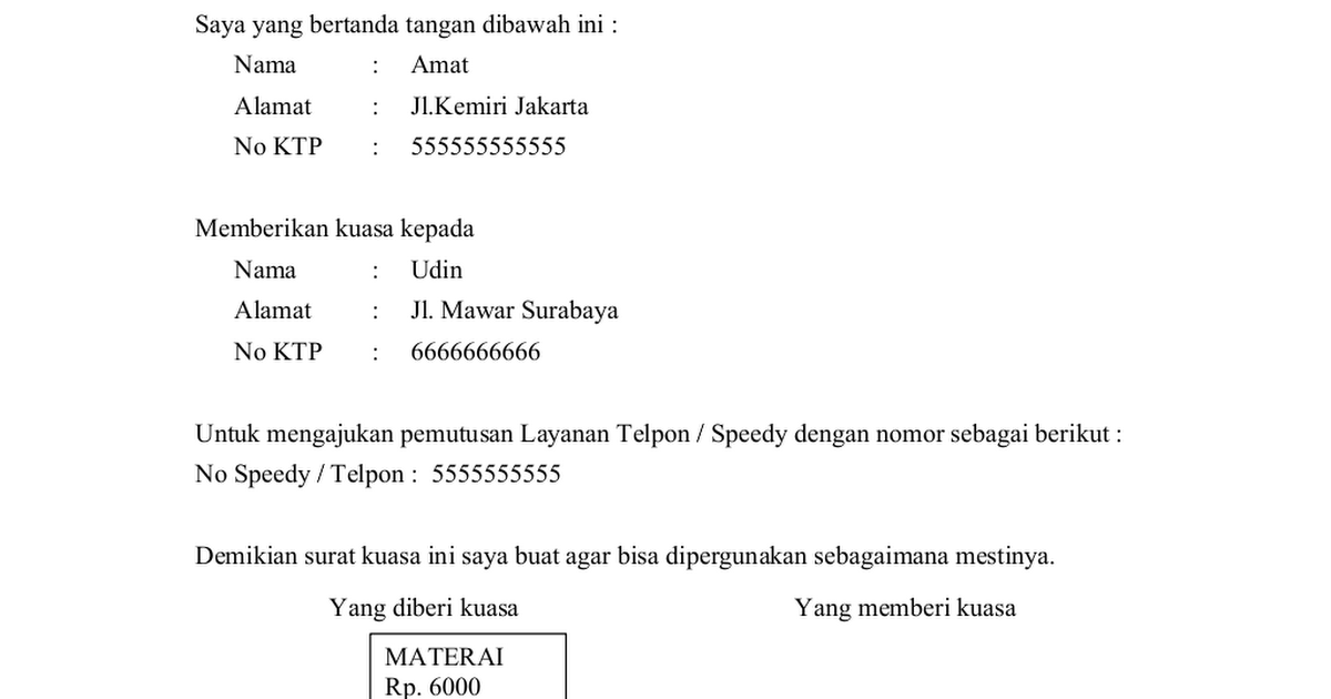 Surat Kuasa Berhenti Berlangganan Telpon Speedy Doc Google Drive