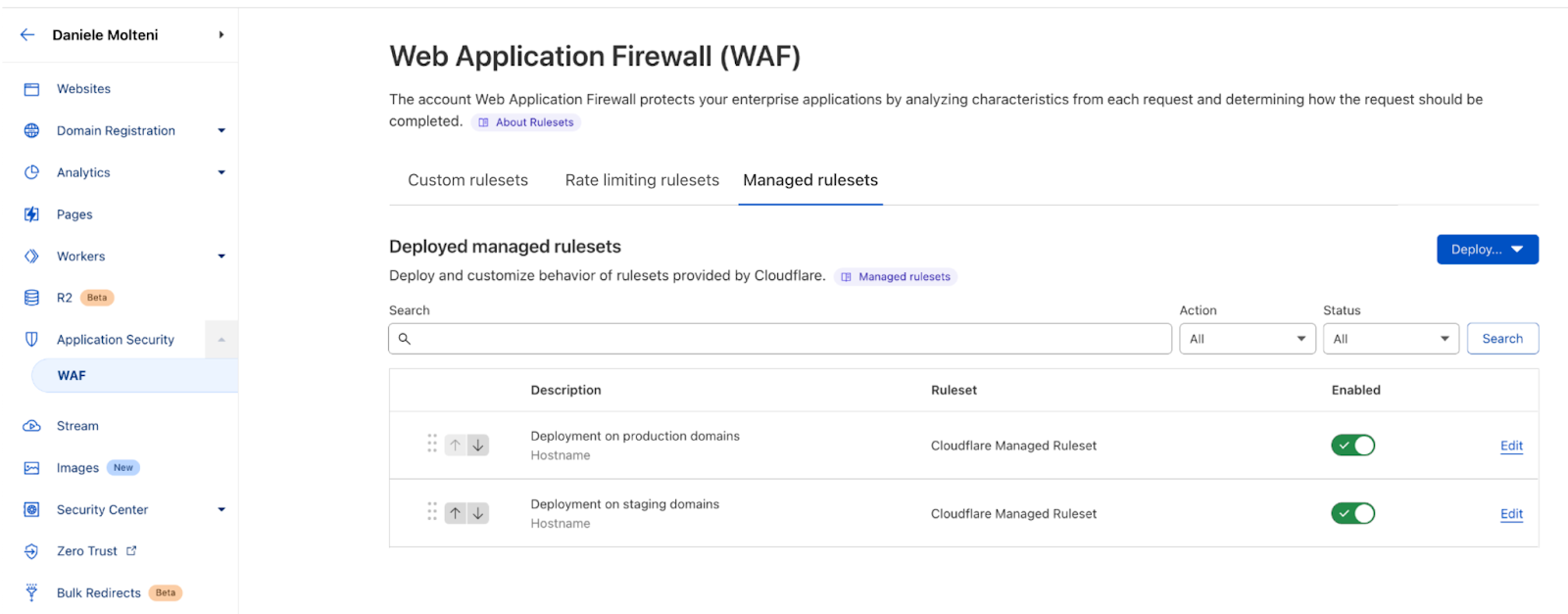 With Account WAF, you can deploy rulesets on multiple domains so you can manage a single (or just a few) WAF configuration for your entire account.