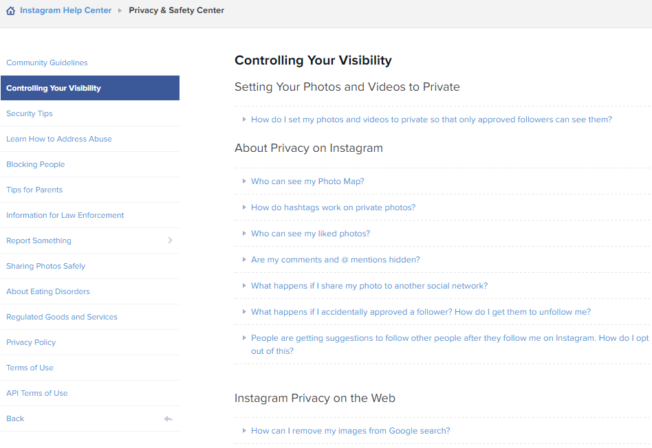 Screenshot of Instagram section called "controlling your visibility"