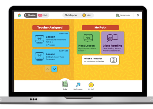 A typical iReady student dashboard