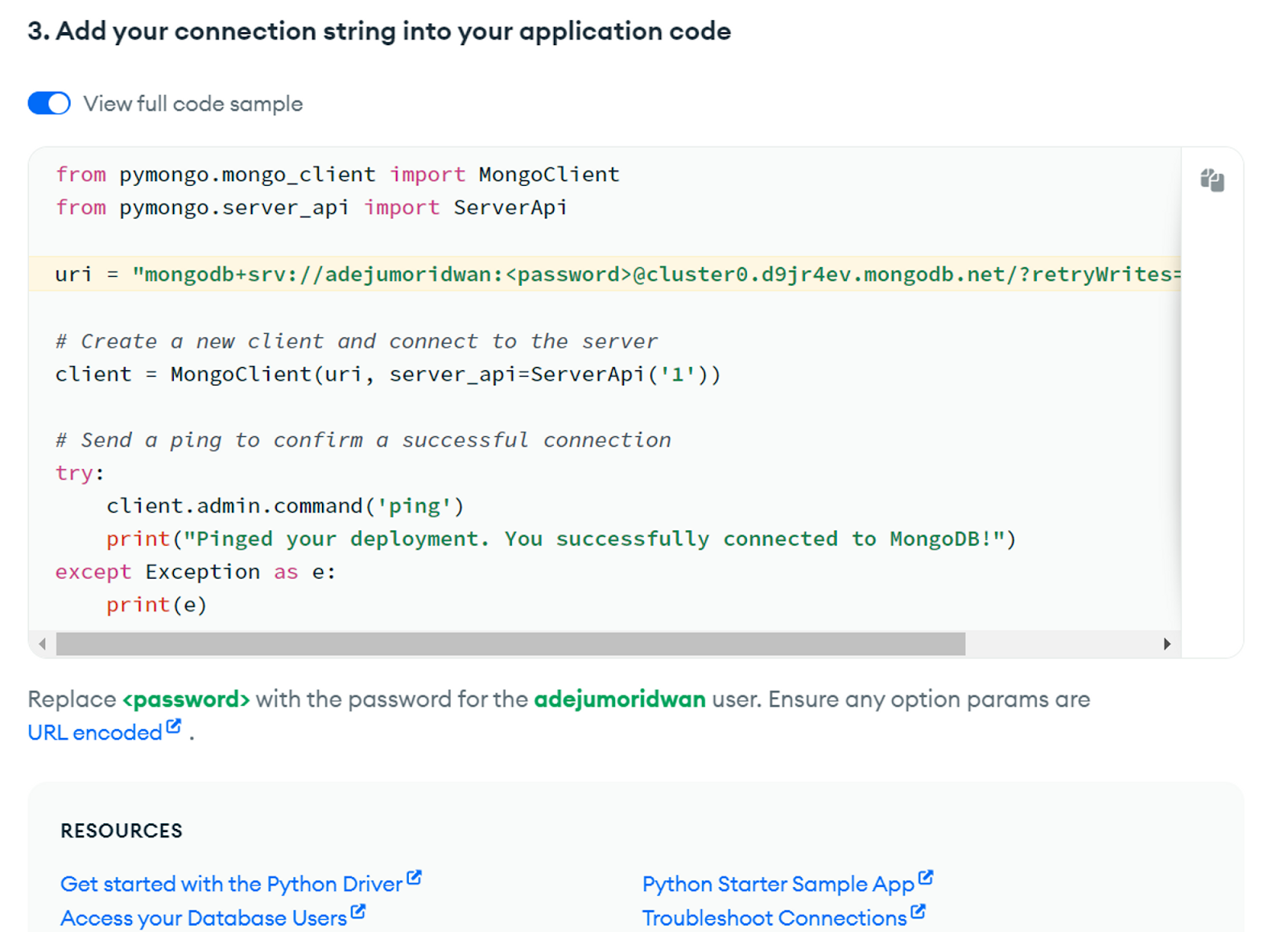 This image shows the code on how to connect to the MongoDB server using the pymongo driver.