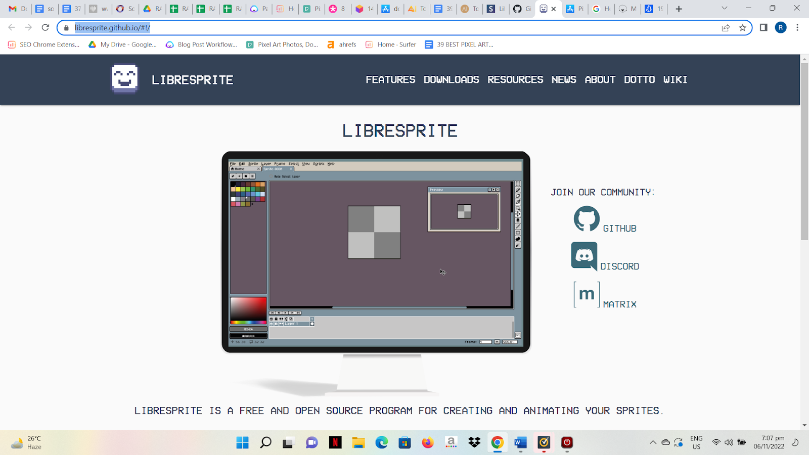 LibreSprite:free and open source program for creating and animating sprites.