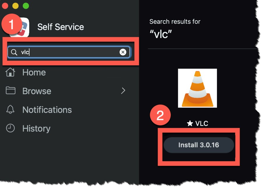 Self Service application with side menu showing a search bar, Home, Browse, Notifications. The search bar has "vlc" typed into it and the search results shows VLC application. 