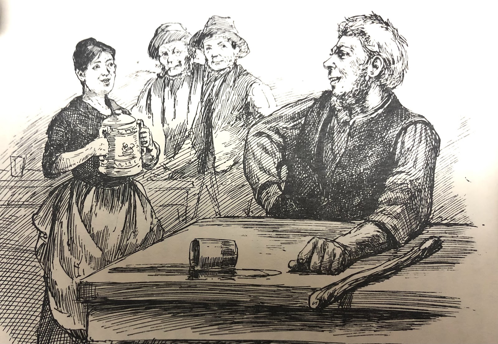 Black and white ink drawing of the Gray Man (a giant) i n a bar talking to a young barmaid. 