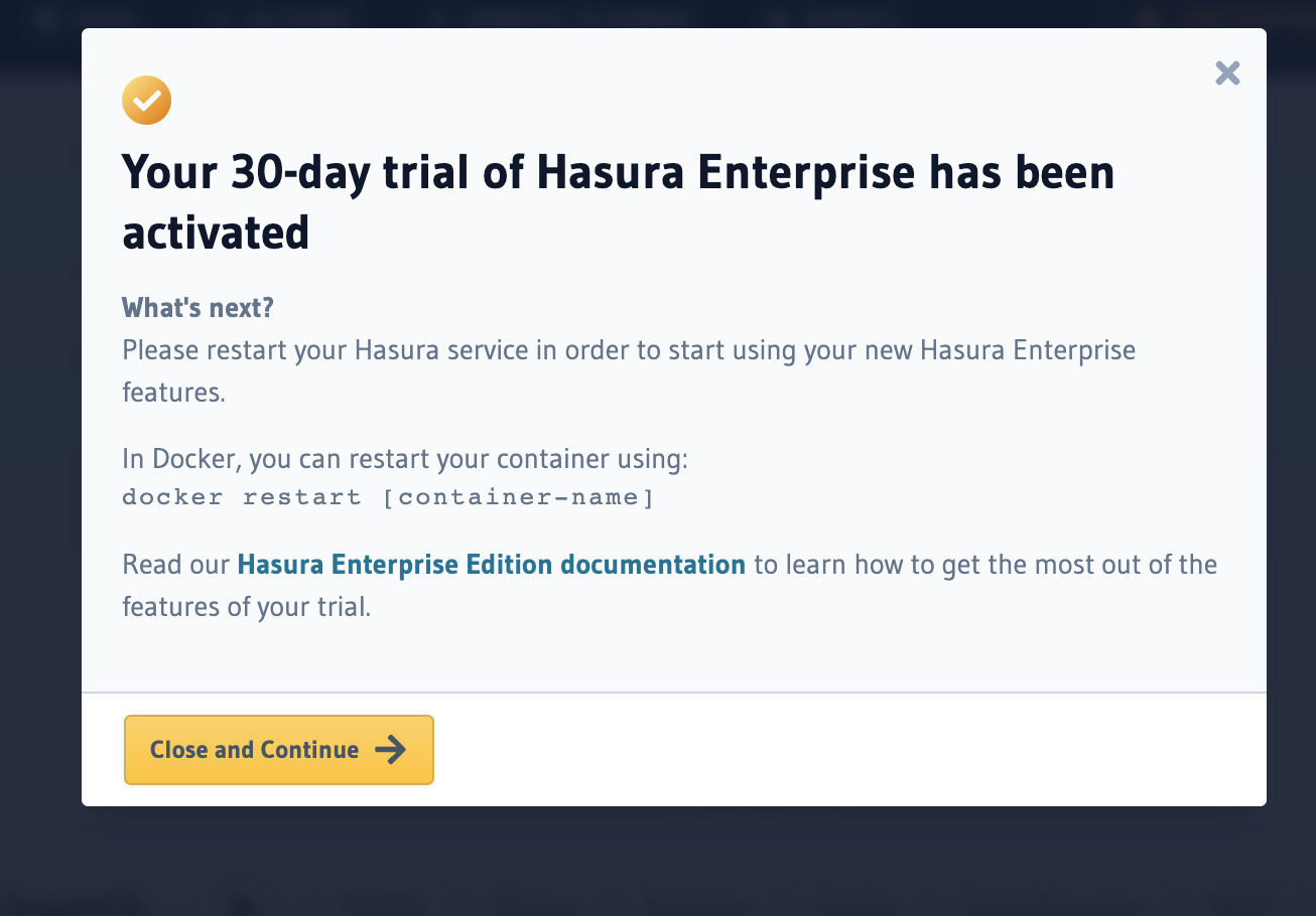 30 day trial of Hasura Enterprise has been activated